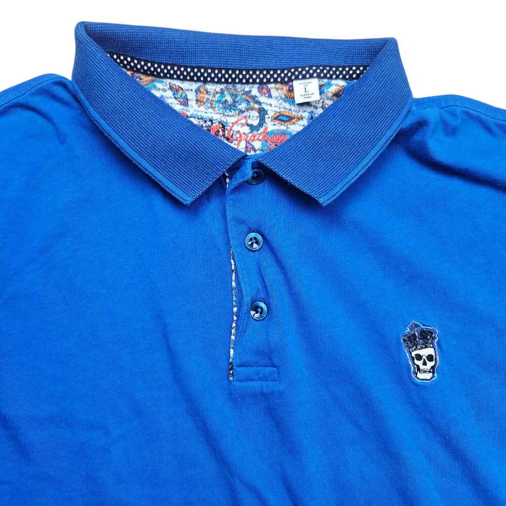 Rober Graham Lucifer Skull Polo Shirt Mens Large Blue Cotton